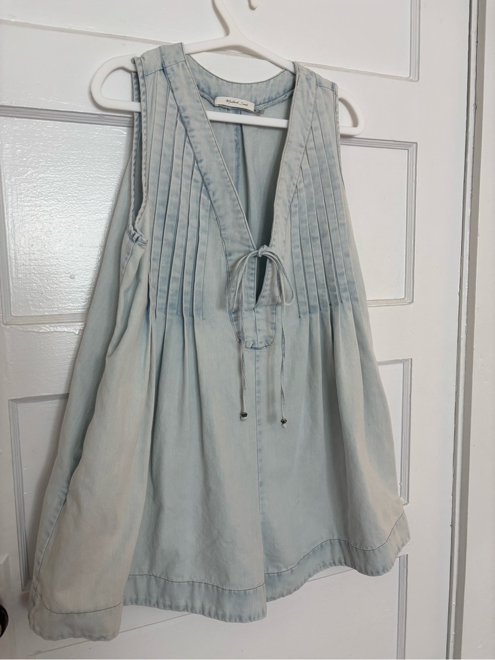 Light Wash Denim Sleeveless Pintuck Tie-Front Romper - Picture 2 of 5